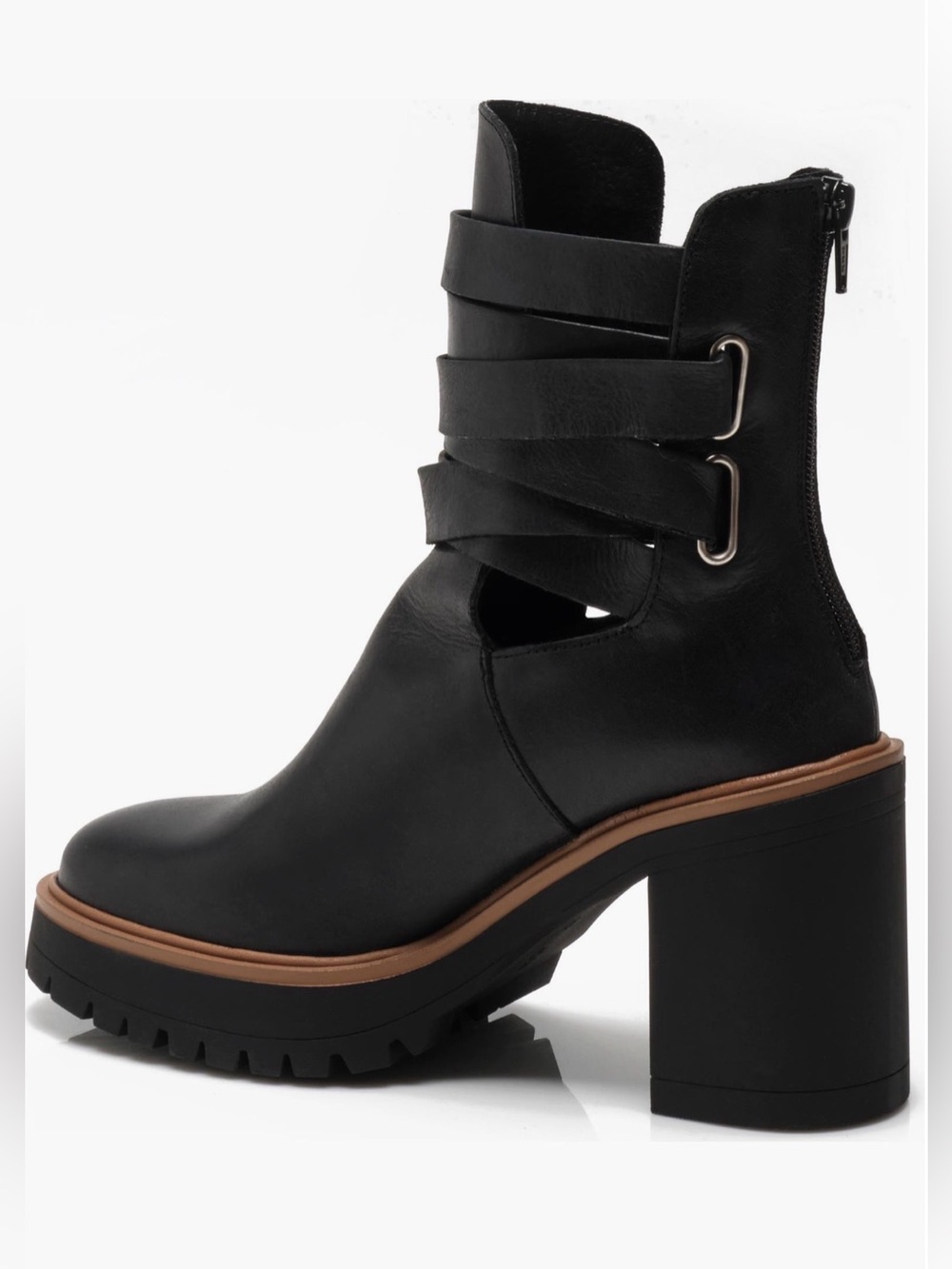 Free People Jesse Cutout Leather Platform Heeled Boots Black Size 8 EU 38